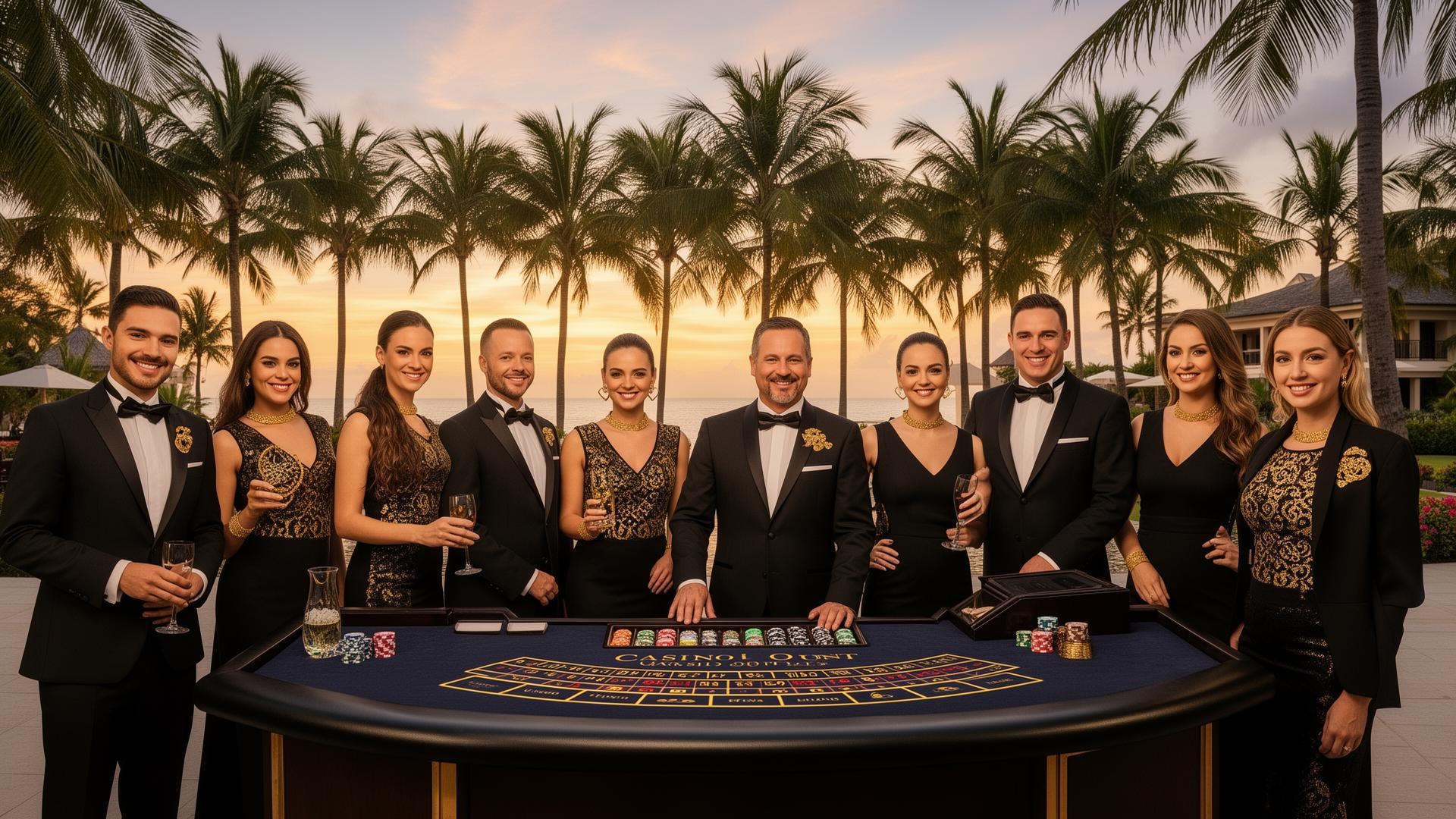 adventmeet team at luxury tropical resort casino event, professional dealers and staff in elegant attire