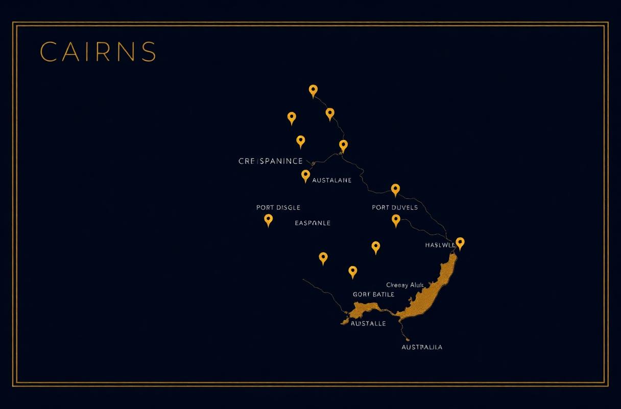 Interactive map of Cairns region showing luxury resort locations from Cairns Esplanade to Port Douglas, marking all partner venues
