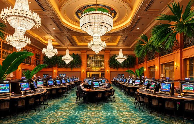Grand ballroom casino event with tropical sophistication, crystal chandeliers, elegant gaming tables, and lush tropical decorations