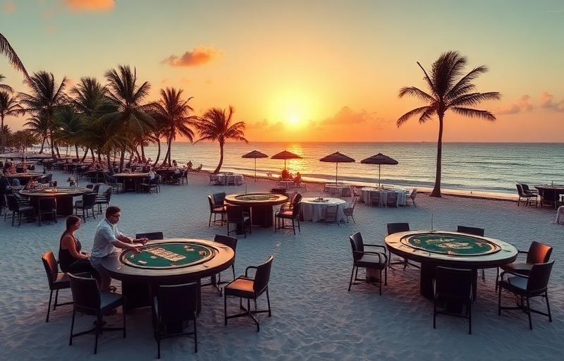 Elegant beachfront casino setup at sunset with gaming tables on pristine tropical sand, tiki torches and palm trees in background