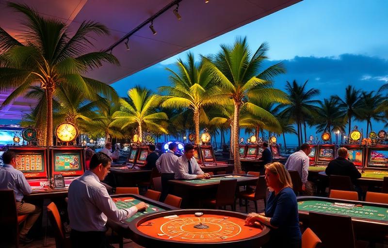 Corporate retreat casino experience with team building activities, professional networking atmosphere, tropical resort setting