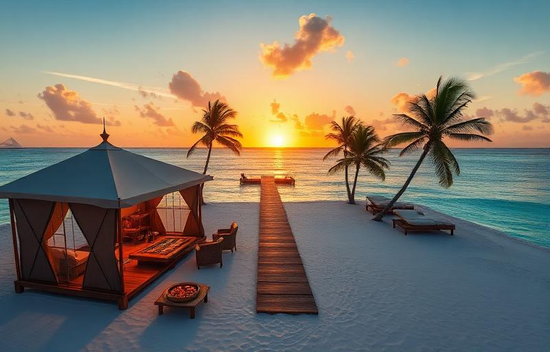 Private island exclusive casino experience with secluded beach setting, luxury tent cabanas, and intimate gaming atmosphere