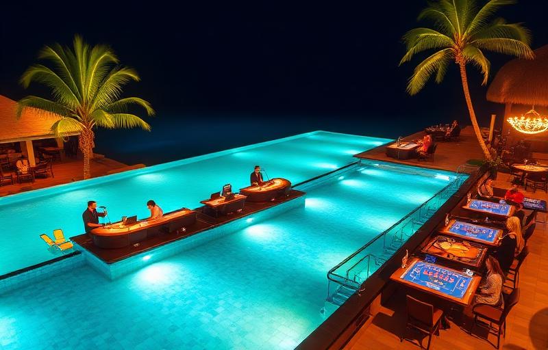 Glamorous infinity pool casino event with LED underwater lighting, professional dealers at gaming tables beside turquoise water