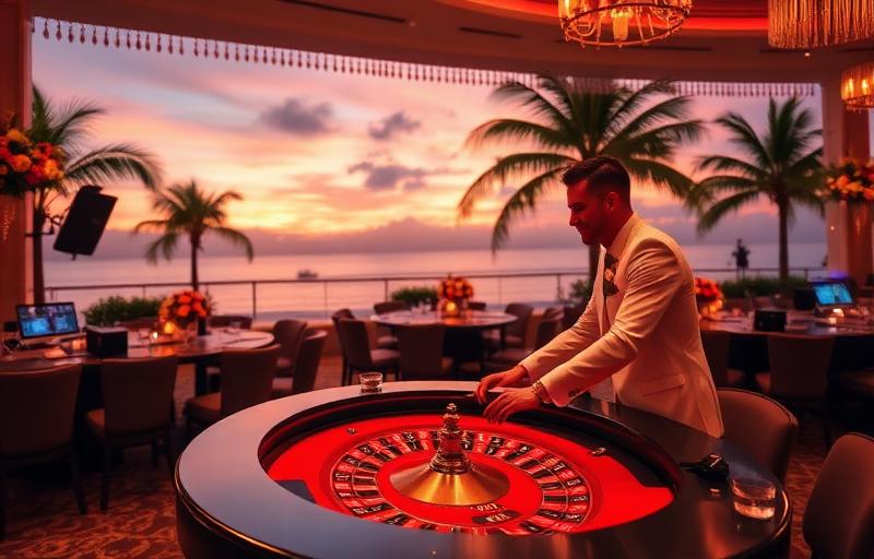 Romantic destination wedding casino reception with elegant decor, bride and groom at roulette table, tropical flowers