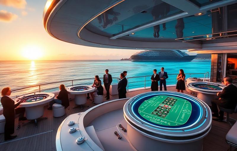 Luxury yacht casino experience with gaming tables on deck, Great Barrier Reef waters in background, sunset ambiance