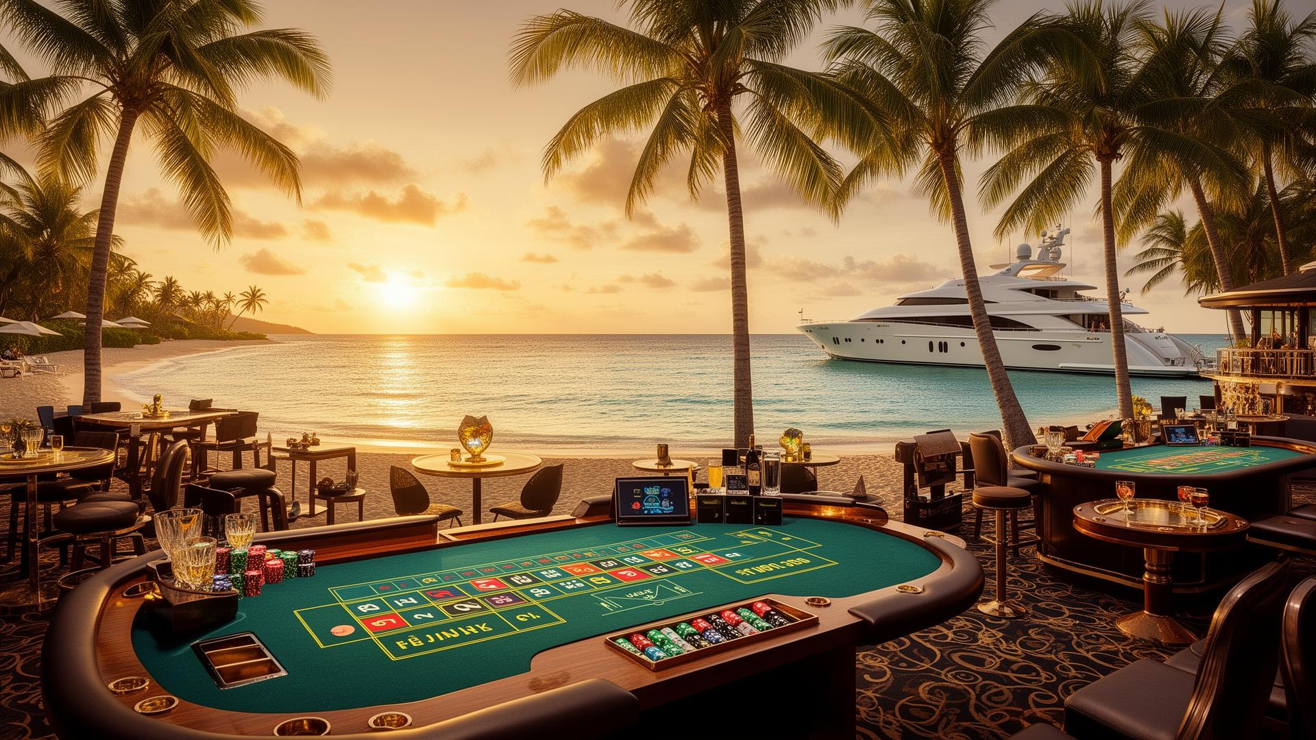Panoramic view of tropical casino experiences from beachfront to yacht, showcasing various luxury gaming setups in paradise