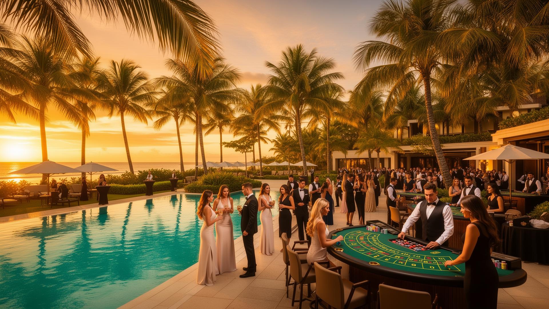 Tropical resort with palm trees at sunset, luxury pool area with gaming tables set up for an exclusive casino event