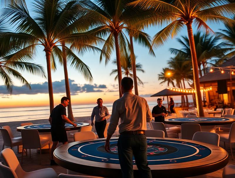 Behind the scenes of tropical casino event setup, team members arranging premium gaming tables at beachfront venue