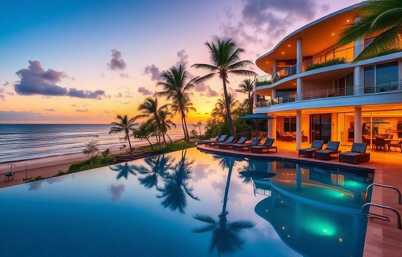 Crystalbrook Flynn resort exterior with modern architecture, infinity pool overlooking Cairns Esplanade and ocean