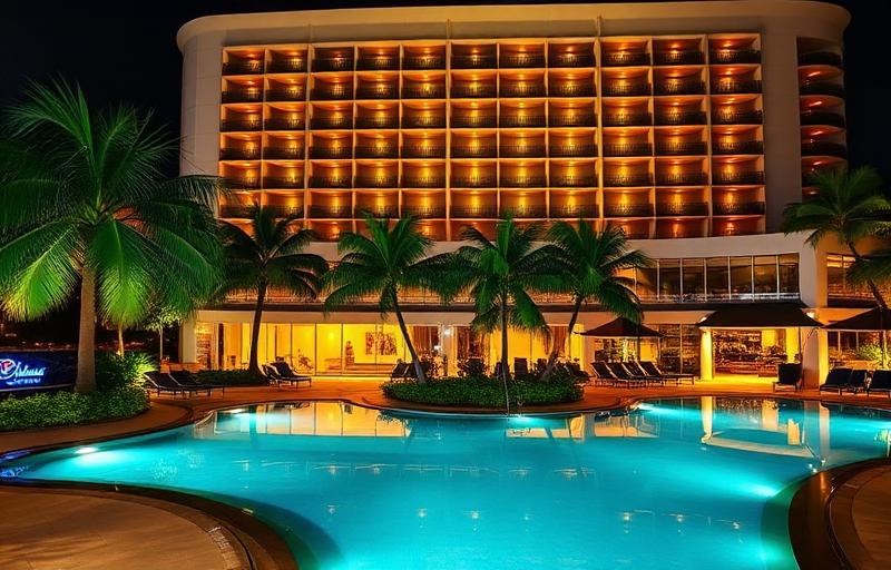 Pullman Reef Hotel Casino exterior at night with tropical pool deck, palm trees, and elegant lighting