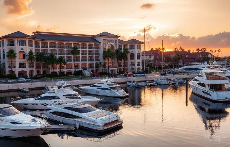 Shangri-La The Marina resort with marina views, luxury yachts docked nearby, elegant waterfront event space