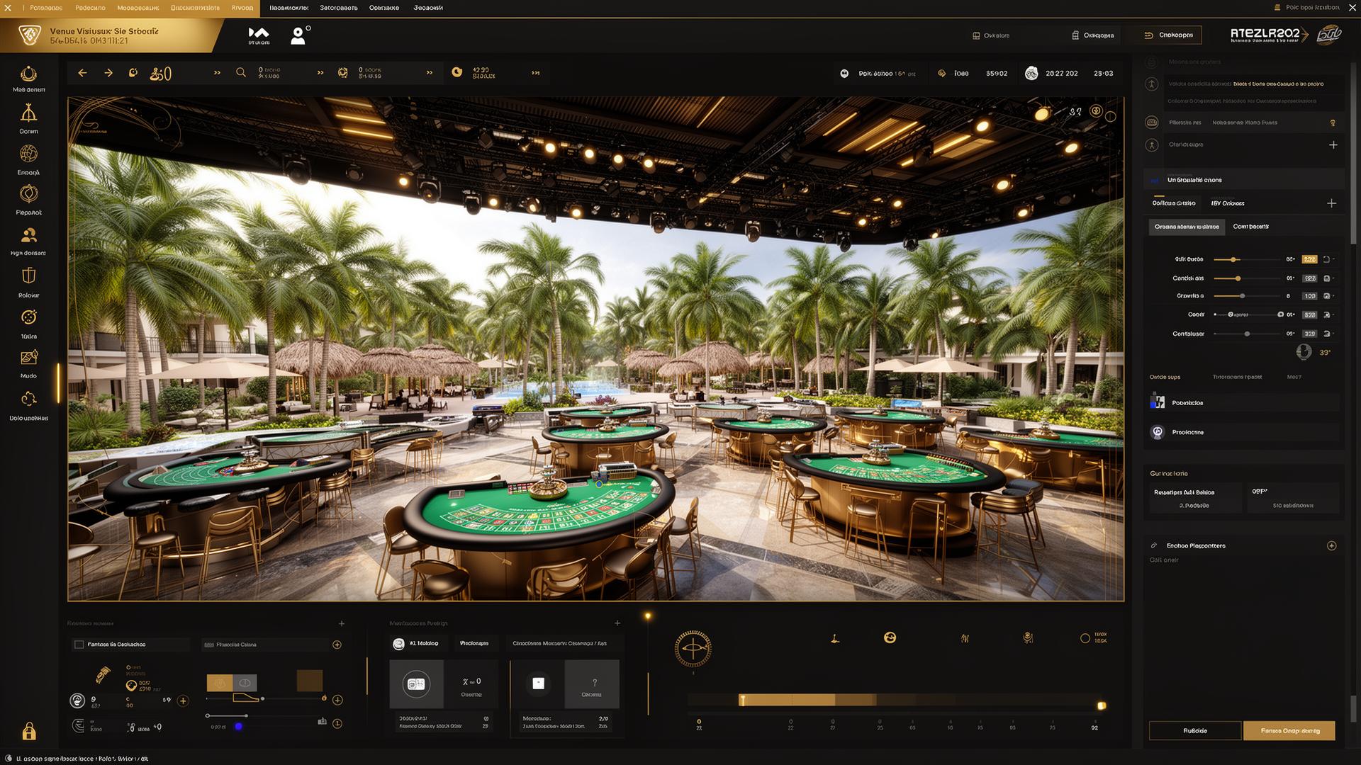 3D venue visualization studio interface showing photorealistic tropical resort with interactive casino table placement tools
