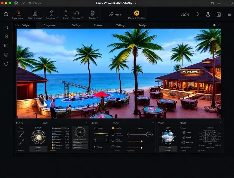 Visualization Studio interface showing 3D tropical resort with casino tables, lighting controls, and weather simulation panel