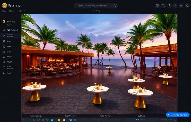 3D Venue Visualization Studio interface showing photorealistic tropical resort with casino table placement tools