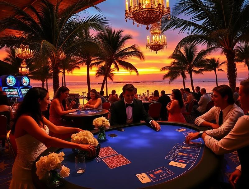 Stunning destination wedding casino reception with elegant tropical decor, happy guests playing blackjack, romantic sunset lighting